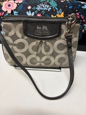 Coach Mini Wristlet in Khaki and Black Signature C Pattern
